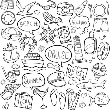 Cruise Vacation Summer Traditional Doodle Icons Sketch Hand Made Design Vector