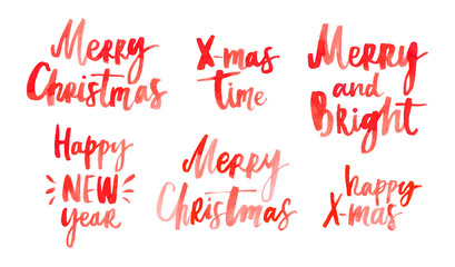 hand lettering celebration phrases. Merry Christmas. Happy hew year. Happy X-mas. Merry and bright.