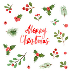 merry christmas greeting card template. watercolor illustration with hand lettering.