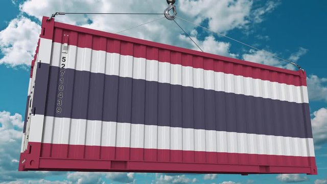 Loading container with flag of Thailand. Thai import or export related conceptual 3D animation