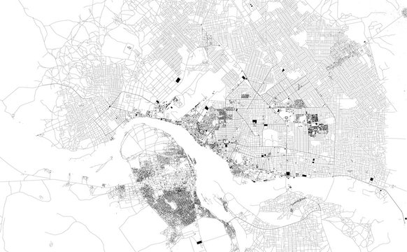 Mappa satellitare di N'Djamena, Ciad, strade della città. Stradario e mappa del centro città. Africa