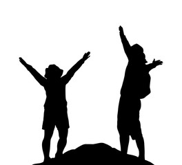 Silhouette of happy couple stand together on peak of mountain with hands raised up vector