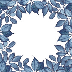 Watercolor frame with indigo color leaves. Illustration on white background.