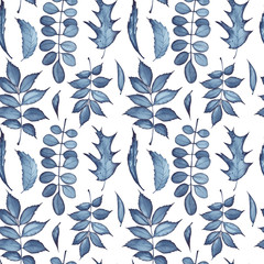 Seamless pattern witn indigo color leaves. Watercolor on white background.