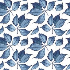 Seamless pattern witn indigo color leaves. Watercolor illustration on white background.