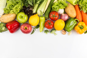 Top view of fruits and vegetables Isolated on a white background with copy space