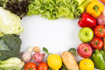 Top view of fruits and vegetables Isolated on a white background with copy space
