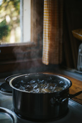 pot filled with potatoes and boiling water on a stove