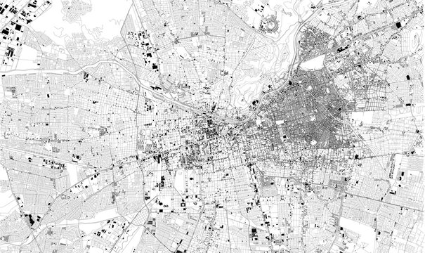 Mappa satellitare di Santiago del Cile, Cile, strade della città. Stradario e mappa del centro città. Sud America