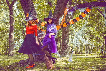 Concept of Halloween celebrate. Design of beautiful glamour scary fashionable womens look. Witches...