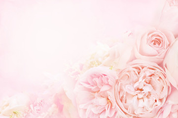 Naklejka premium Summer blossoming delicate rose on blooming flowers festive background, pastel and soft bouquet floral card