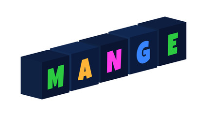 Mange - multi-colored text written on isolated 3d boxes on white background