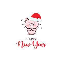Happy New Year minimal greeting vector card. Cute pig with red santa hat vector illustration.