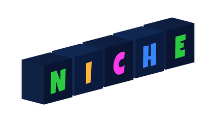 Niche - multi-colored text written on isolated 3d boxes on white background