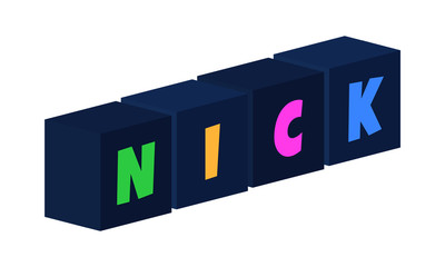 Nick - multi-colored text written on isolated 3d boxes on white background