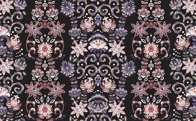 Striped pattern with flowers. Fantastic floral seamless ornament. Vintage flowers seamless ornament in pink blue colors. Floral wallpaper.