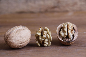 Walnuts on a wooden table