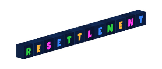 Resettlement - multi-colored text written on isolated 3d boxes on white background