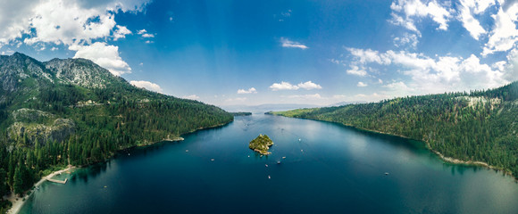Drone panoramic view of the Emerald Bay in South Lake Tahoe California