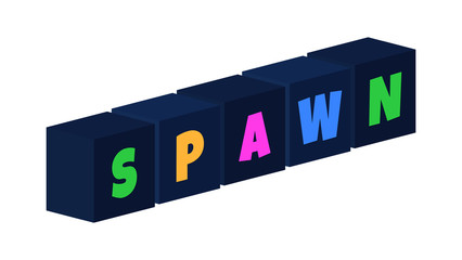 Spawn - multi-colored text written on isolated 3d boxes on white background