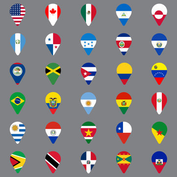 Set of thirty geolocation icons. Flags of North and South American countries in the form of geolocation icons. Geotag icons for your web site design, logo, app, UI.  Vector illustration EPS10.

