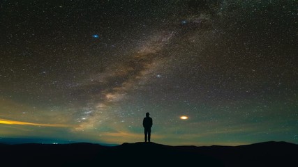 The man standing on the meteor shower background. time lapse