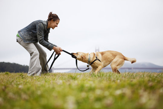 Woman playing with dog at Golden Gate Park, USA