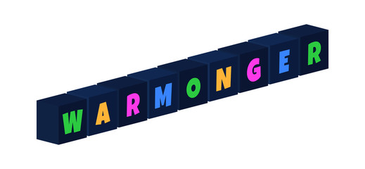 Warmonger - multi-colored text written on isolated 3d boxes on white background