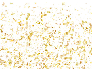 Holiday realistic gold confetti flying background.