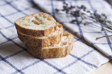 Pieces of bread and lavander.