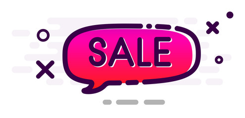 Sale promotion banner with pink speech bubble.