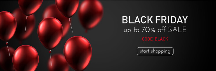 Black friday sale promo banner with red shiny balloons.