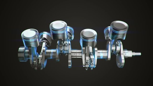 Animation movies of engine pistons on a crankshaft. Animation of seamless loop.