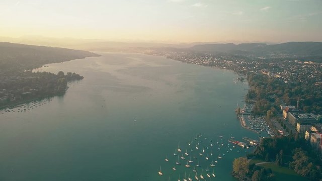 High altitude aerial view of the Zurich lake, Switzerland