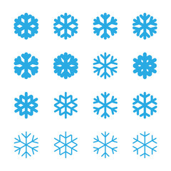 Snowflakes signs set. Blue Snowflake icons isolated on white background. Snow flake silhouettes. Symbol of snow, holiday, cold weather, frost. Winter design element. Vector illustration