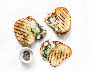 Hot grilled tomatoes, spinach and mozzarella sandwiches - healthy breakfast, snack, tapas, appetizers on a light background, top view