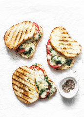 Hot grilled tomatoes, spinach and mozzarella sandwiches - healthy breakfast, snack, tapas, appetizers on a light background, top view
