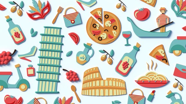 A stylized compilation of the sights of Italy. Food and buildings of Rome. Flatley and 3d icons