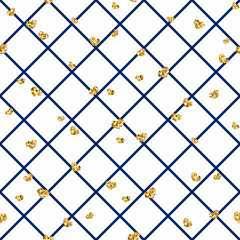 Gold heart seamless pattern. Blue-white geometric decoration, golden confetti-hearts. Symbol of love, Valentine day holiday. Design wallpaper, background, fabric texture. Vector illustration