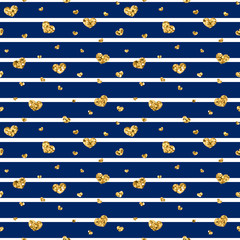 Nahtloses Muster des Goldherzens. Blau-weiße geometrische Streifen, goldene Konfetti-Herzen. Symbol der Liebe, Valentinstag. Designtapete, Hintergrund, Stoffbeschaffenheit. Vektor-Illustration