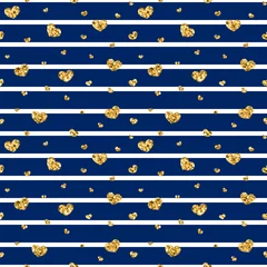 Foto op Plexiglas Horizontale strepen Gouden hart naadloze patroon. Blauw-witte geometrische strepen, gouden confetti-harten. Symbool van liefde, Valentijnsdag vakantie. Ontwerpbehang, achtergrond, stoffentextuur. vector illustratie