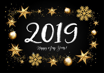 Fototapeta na wymiar 2019 with golden Christmas stars, snowflakes, lettering on a black background. Happy New Year card design. Vector illustration 
