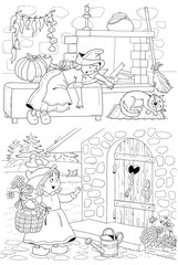 Cinderella. Little Red Riding Hood. Two fairy tales. Coloring page. Illustration for children. Cute and funny cartoon characters