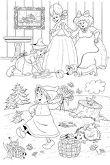 Obraz na płótnie Canvas Cinderella. Little Red Riding Hood. Two fairy tales. Coloring page. Illustration for children. Cute and funny cartoon characters