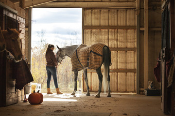 Teenage girl standing with horse in stable © Cavan for Adobe