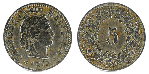 Old coin. 5 rappen. Switzerland 1913.