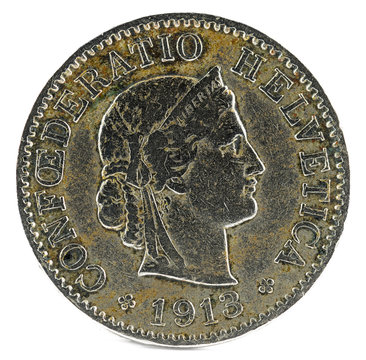 Old coin. 5 rappen. Switzerland 1913. Obverse.