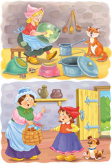 Cinderella. Little Red Riding Hood. Two fairy tales. Coloring page. Illustration for children. Cute and funny cartoon characters