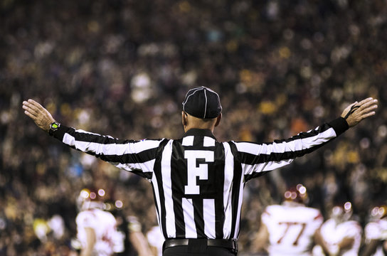 Rear view of referee with arms outstretched in stadium