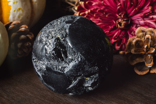Black Tourmaline Sphere in Autumn